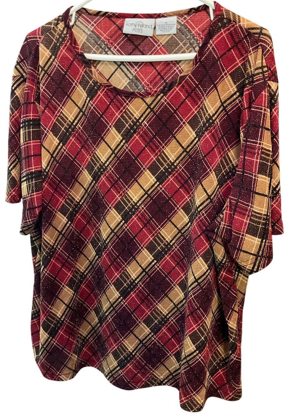 Kathy Ireland Plus Size 1X Stretchy Metallic Plaid Short Sleeve Top Pullover Y2K
